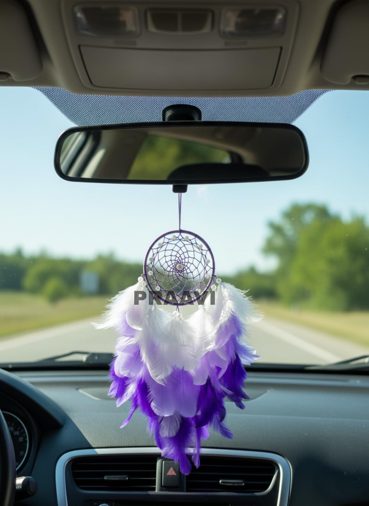 Handmade Dream Catcher Car Hanging for Rear View Mirror | Purple & White Feather Car Decor with Pearls | Boho Lucky Charm, Evil Eye Protector | Car Interior Accessories (22 cm)-image-23