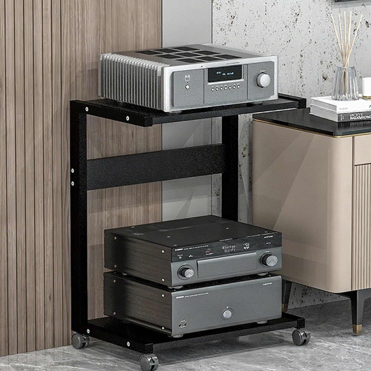 Portable AV Media Stand on Wheels, 2-Tier Open Storage Rack for HiFi & Video Equipment, Space-Saving Metal Audio Stand, Easy Assembly, Stylish Black Design