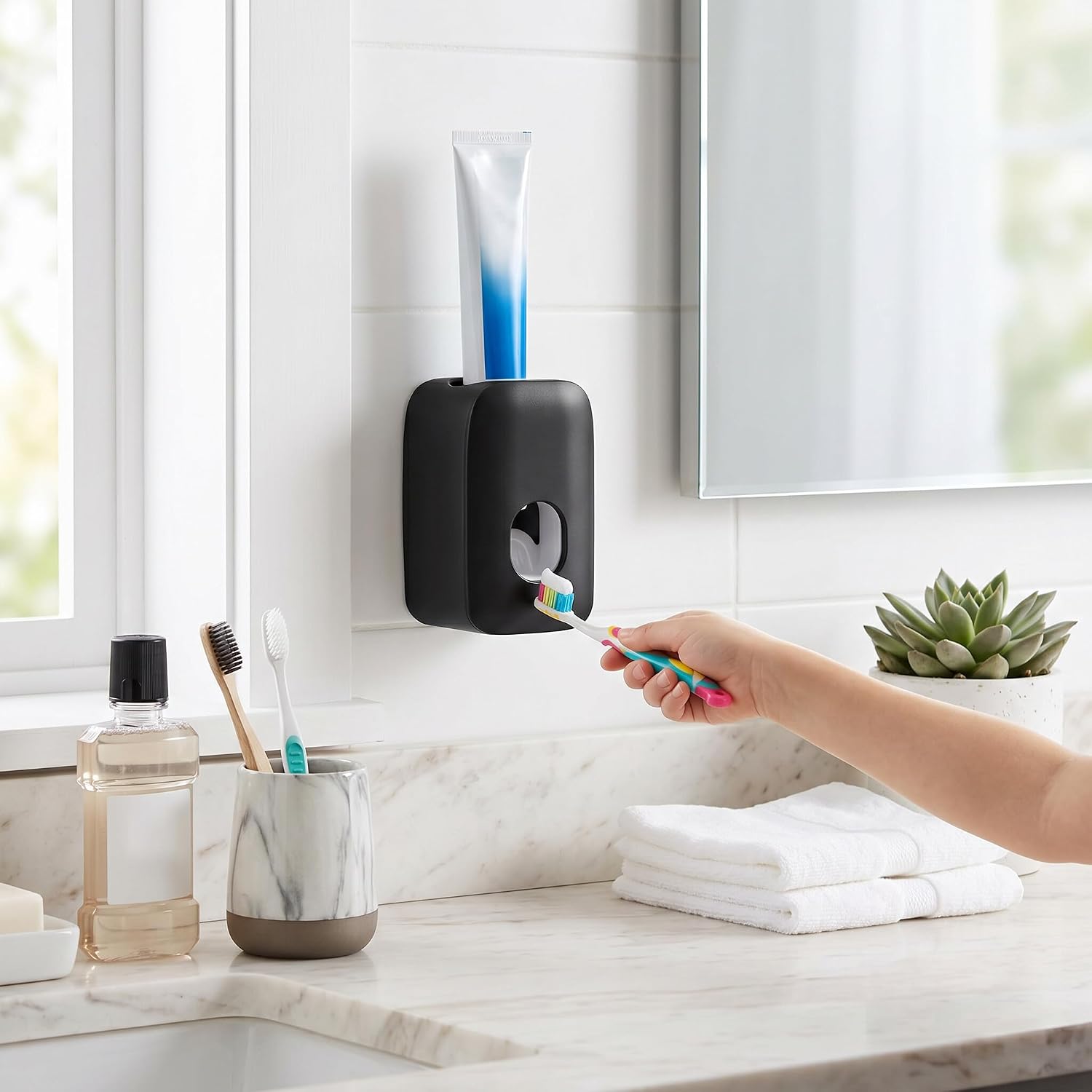 Toothpaste Dispenser, ABS Automatic Toothpaste Dispenser Wall Mounted Holder, Vacuum Pump Hands Free Use, Self Adhesive No Drill Install, for Kids Adults Bathroom