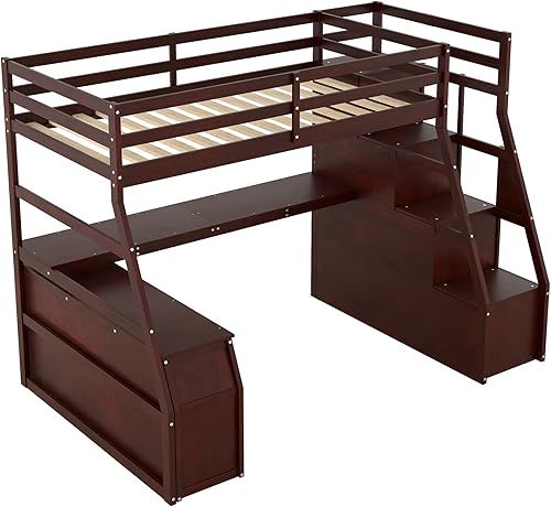 Miniatura 5 de Hlcodca Multipurpose Wooden Twin Size Loft Bed with Attached Desk with ShelvesWardrobe and 7 Drawersfor Kids Boys Girls Teens Adults Bedroom