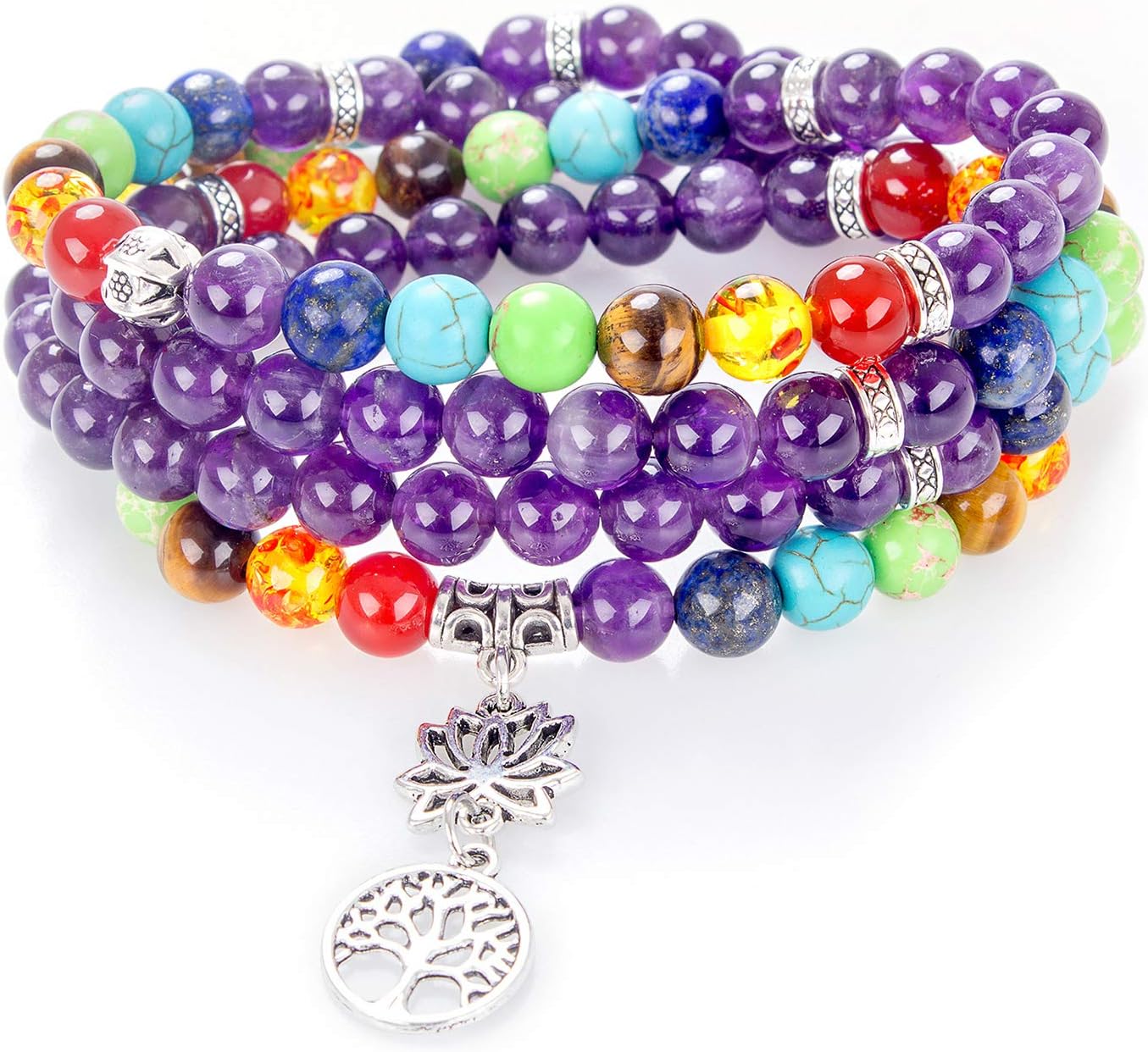 108 Mala Beads Necklace 7 Chakra Buddhist Prayer Beaded Bracelet Tree of Life Pendant Stone Yoga Necklace