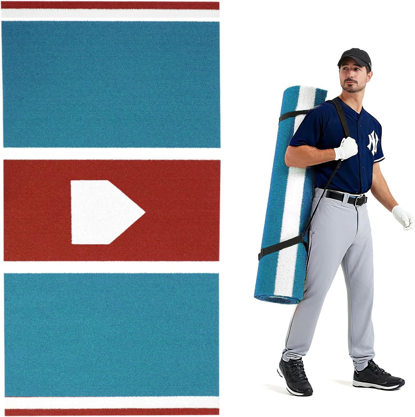 GSK Baseball Hitting Mat Red Blue 6x12 FT |3.8x10 FT Dual Color Turf Batting Practice Mats Batters Box EVA Foam Non-Slip Backing Roll-Up Home Plate Mat Training Softball Coach Teaching