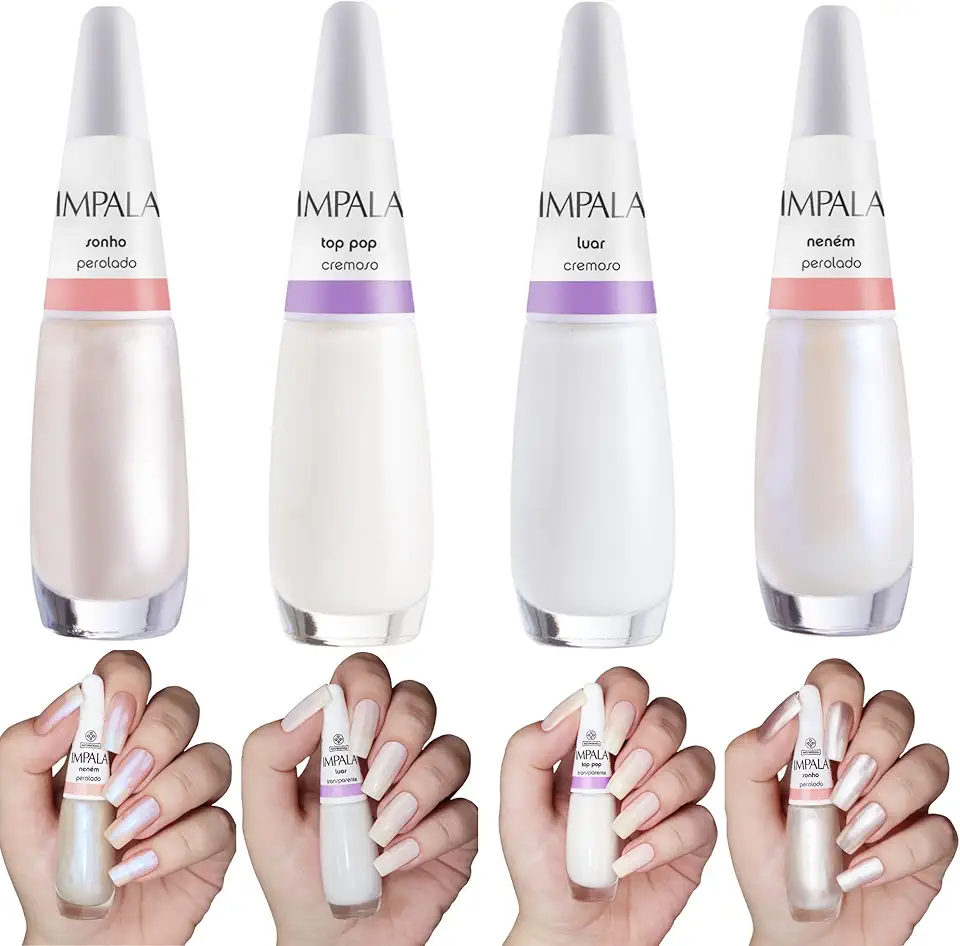 Kit 5 Esmalte Impala Francesinha Branco Clarinho Perolado Cremoso (Sonho, Top, Luar, Neném)