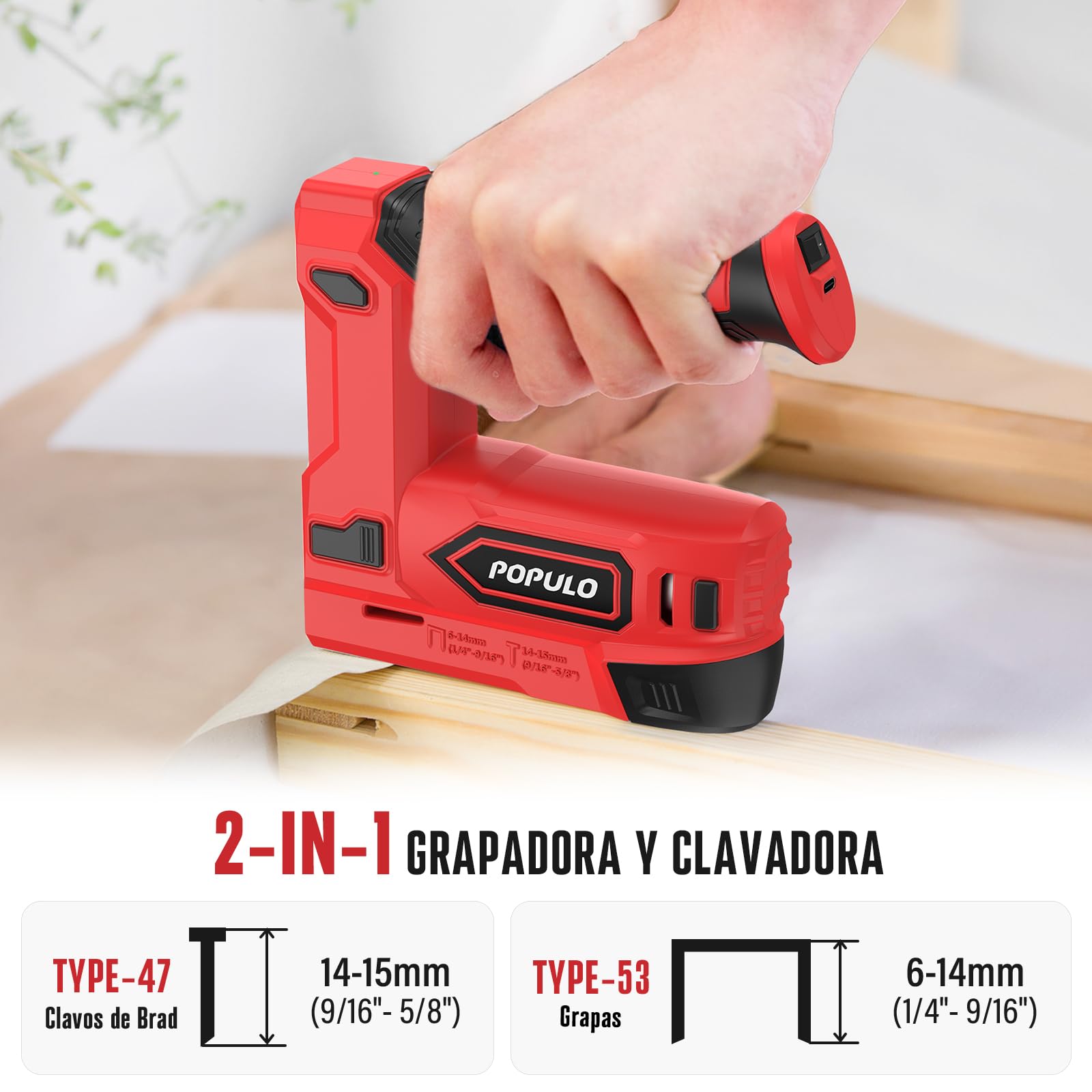 POPULO Pistola grapadora eléctrica, 2 en 1, grapadora eléctrica Tacker 4V, kit de clavadora Brad inalámbrica de 4V, pistola de clavos alimentada por batería para tapicería, carpintería, bricolaje con