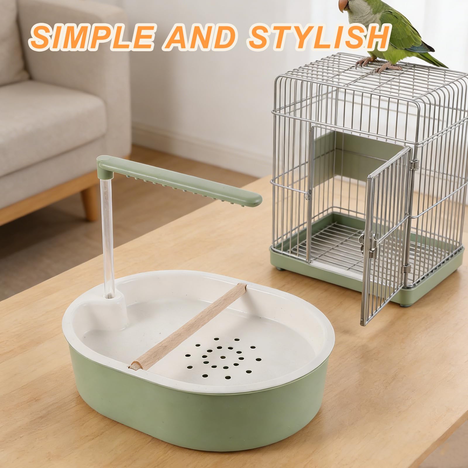 Baño de Ducha para Pájaros Automático con Bomba Ajustable, Bañera Interior de Plástico Azul Grisáceo con Tubo Transparente de 20 Cm y Perchero de Madera de Haya, Accesorio