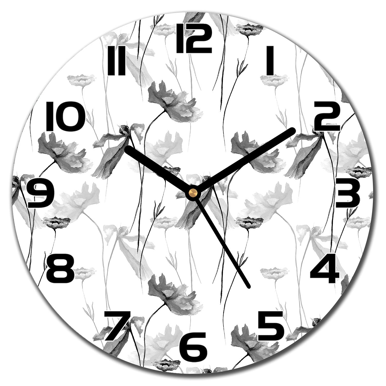 Horloge en verre murale cuisine salon 30 cm avec motif de fleurs de poppies