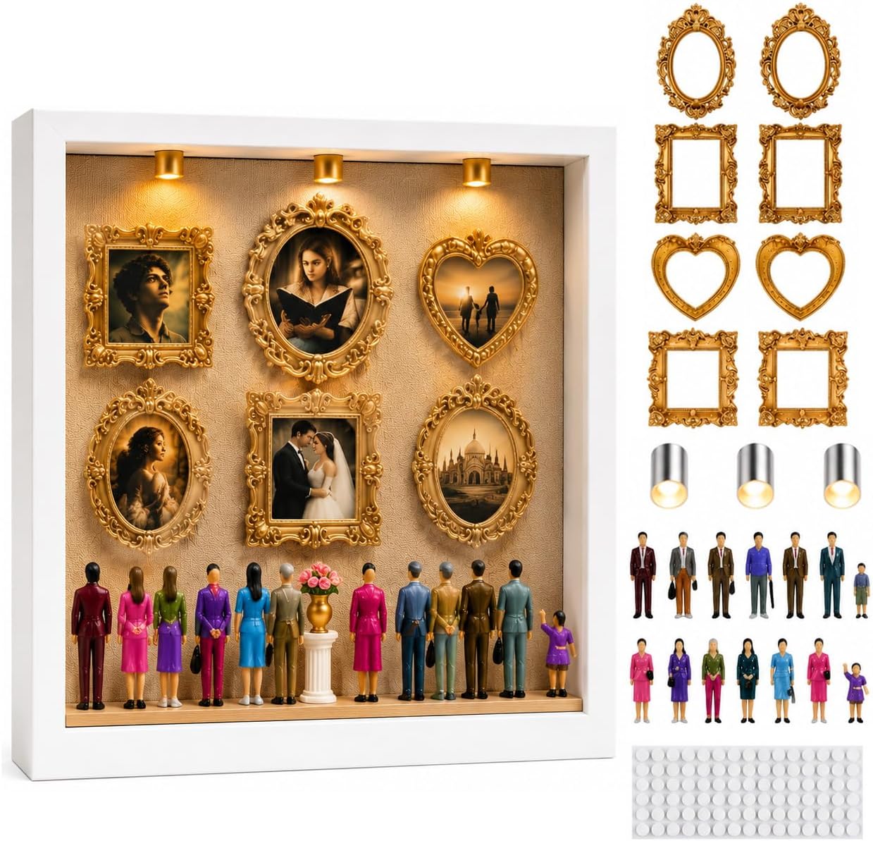 DIY Mini Museum Shadow Box Kit with Gold Frames LED Lights and Figurines | museum of us 9.84×9.84in（25×25cm）,8 gold mini frames,14 miniature figurines, and 3 LED accent lights,35 x adhesive dots