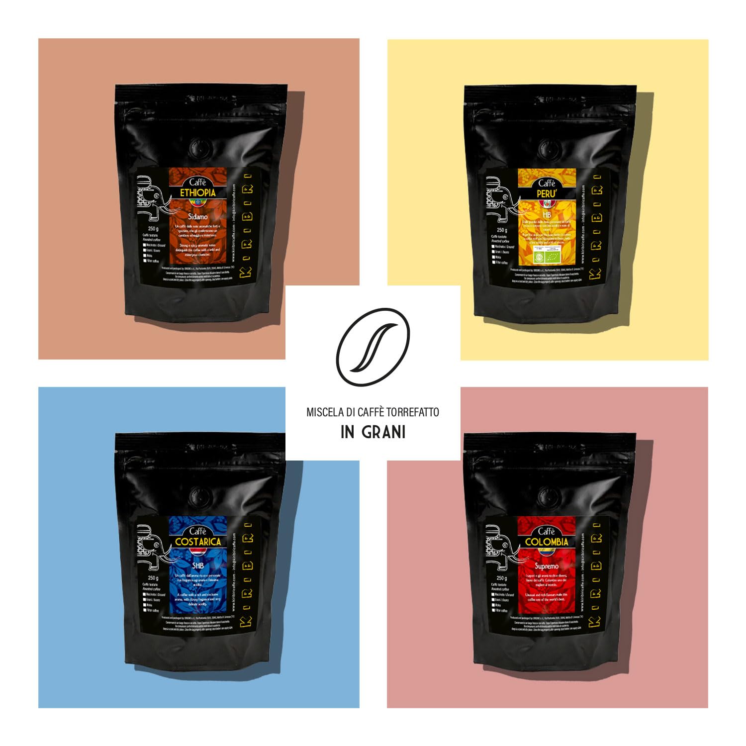 KIRIBIRI Café Especial de Origen 100% Arábica en Grano - Paquete de 4 x 250 g - Orígenes: Colombia, Costa Rica, Perú Orgánico, Etiopía