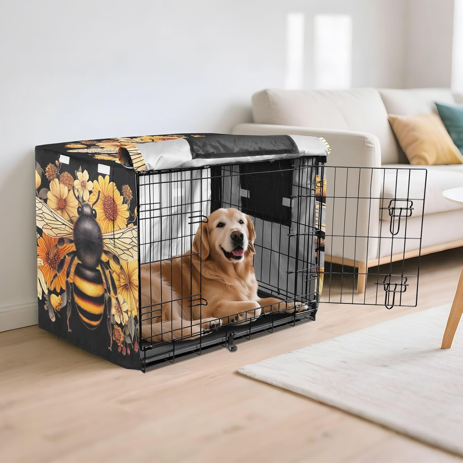 Bee Flowers Floral Dog Crate Cover Windproof, S-XL UV-Resistant Crate Cover for Pet Owners, Large