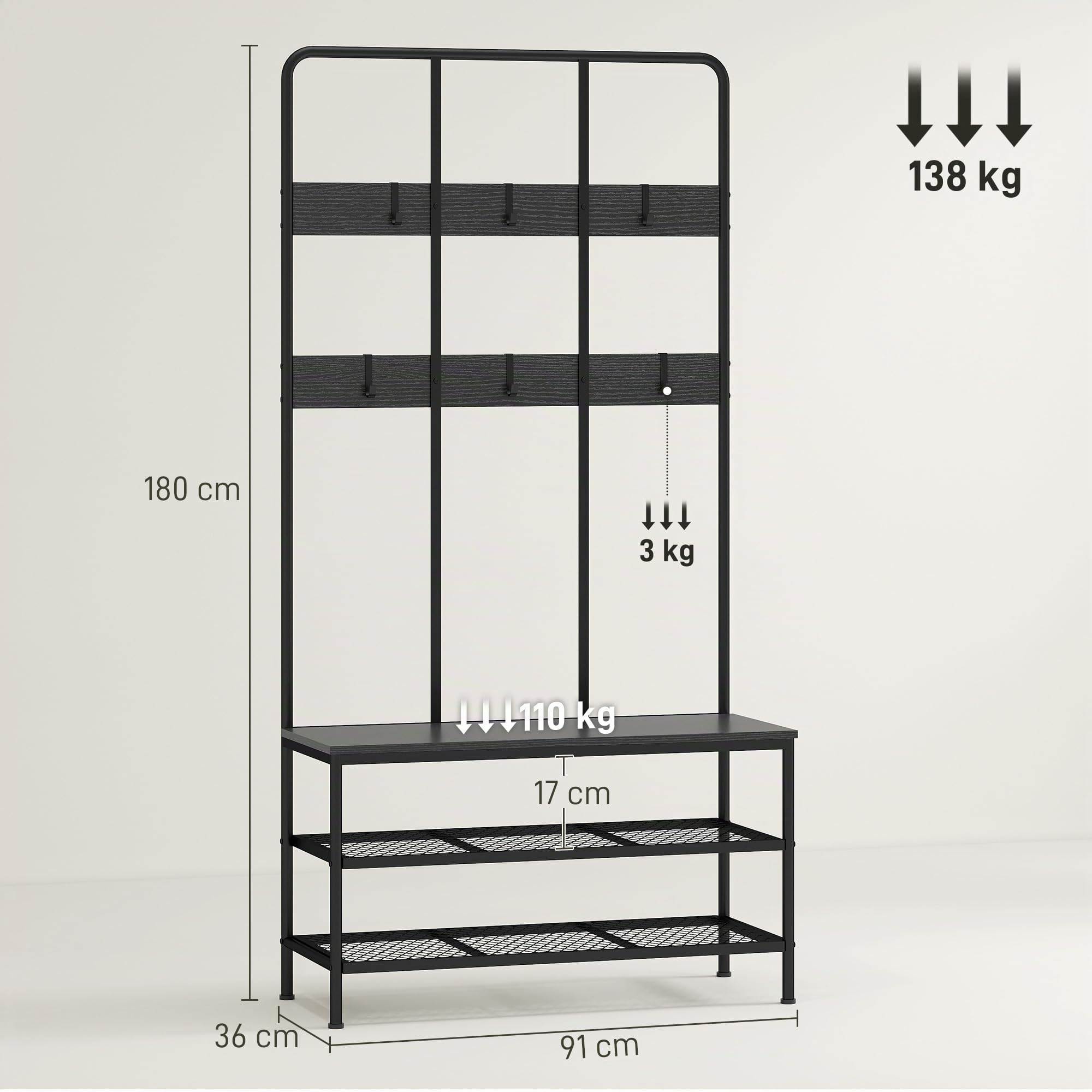 HOMCOM Appendiabiti da Ingresso 3 in 1 con Scarpiera 91x36x180 cm Nero | Attaccapanni Stile Industriale con Panca, 6 Ganci, 2 Ripiani Porta Scarpe