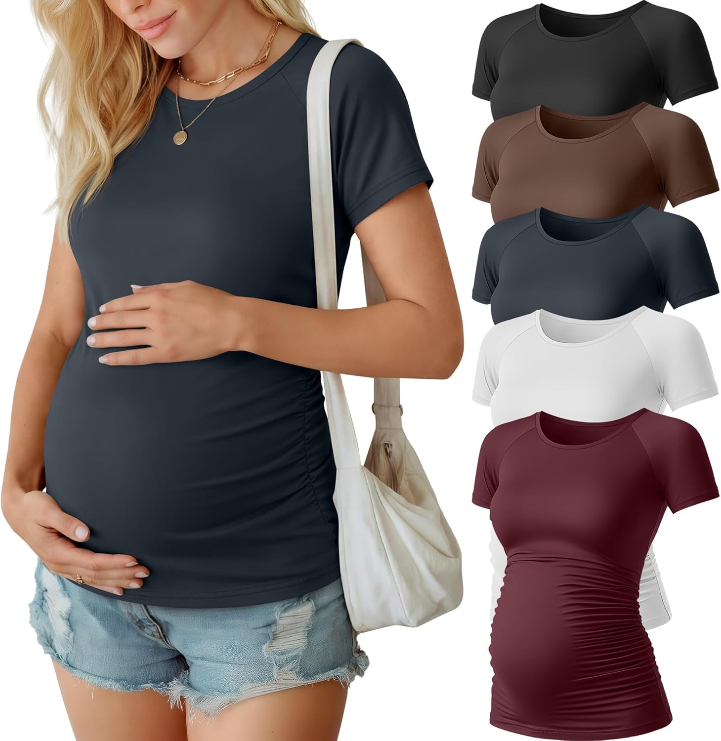 Ficerd 5 Pack Women's Maternity Shirts Short Sleeve Side Ruched Pregnancy Tops Raglan Tee Tunic Casual Mama Clothes