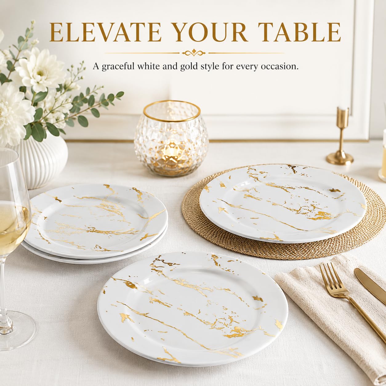 Weiße und goldene Keramikteller, 20,3 cm, 6 Stück, Vorspeisenteller aus Keramik für Abendessen/Salat, elegantes Marmor-Teller-Set für Hochzeit, Party, Essen