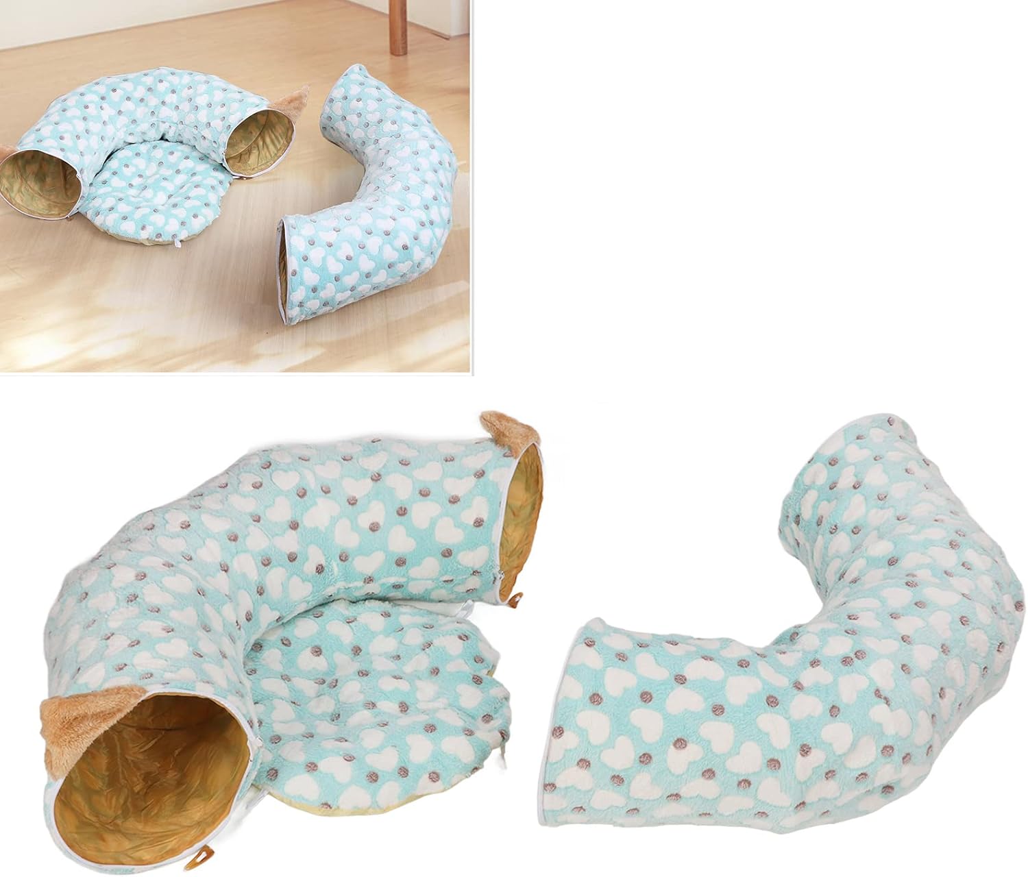 Heart Pattern Round Mat Three Way Foldable Tube Cat Tunnel Bed, Cat Donut Tunnel with Interactive Play Ball for Kittens Felines Indoor Playing Resting Blue