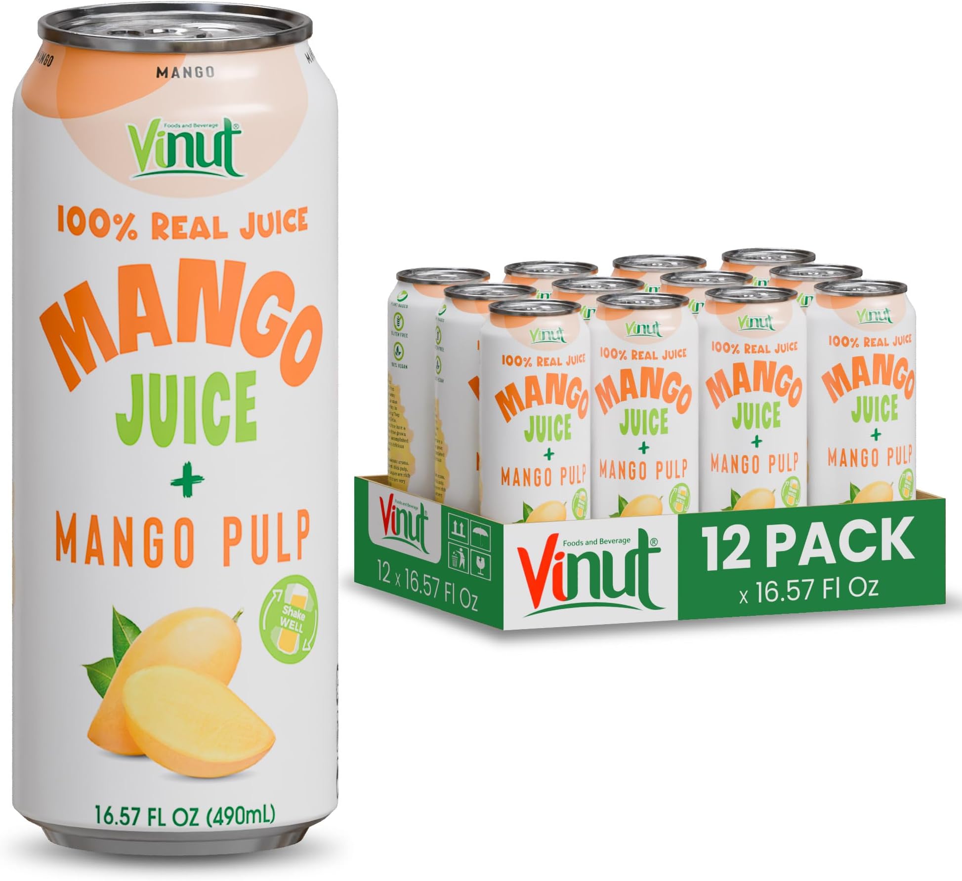 Vinut 100% Mango Juice with Pulp (16.57 fl oz, Pack of 12), No Sugar Added, All Nature Mango Juice, Not From Concentrate, Gluten Free, GMO-Free, High Calcium, Iron