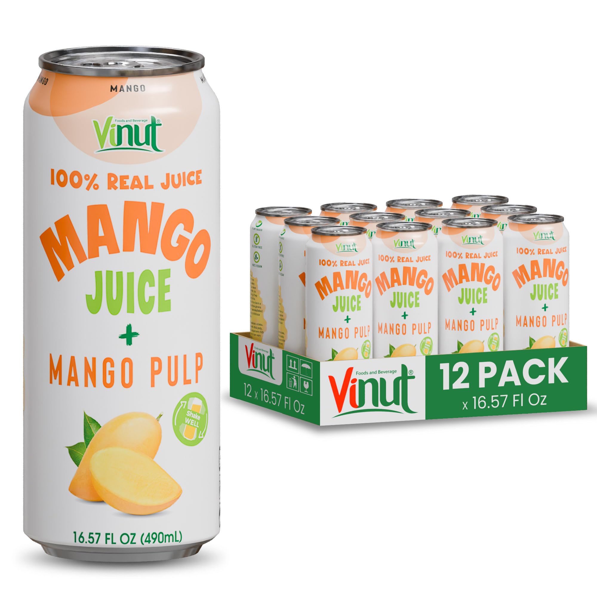 Vinut 100% Mango Juice with Pulp (16.57 fl oz, Pack of 12), No Sugar Added, All Nature Mango Juice, Not From Concentrate, Gluten Free, GMO-Free, High Calcium, Iron