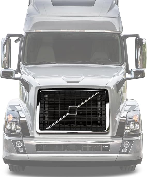 KOZAK Front Grille Chrome with Bug Net Screen Compatible with Volvo VNL 2004-2017 PLUS Logo with Stripe, 2x 22 Windshield Wipers, License Plate Frame, Keychain and Reflective Vest