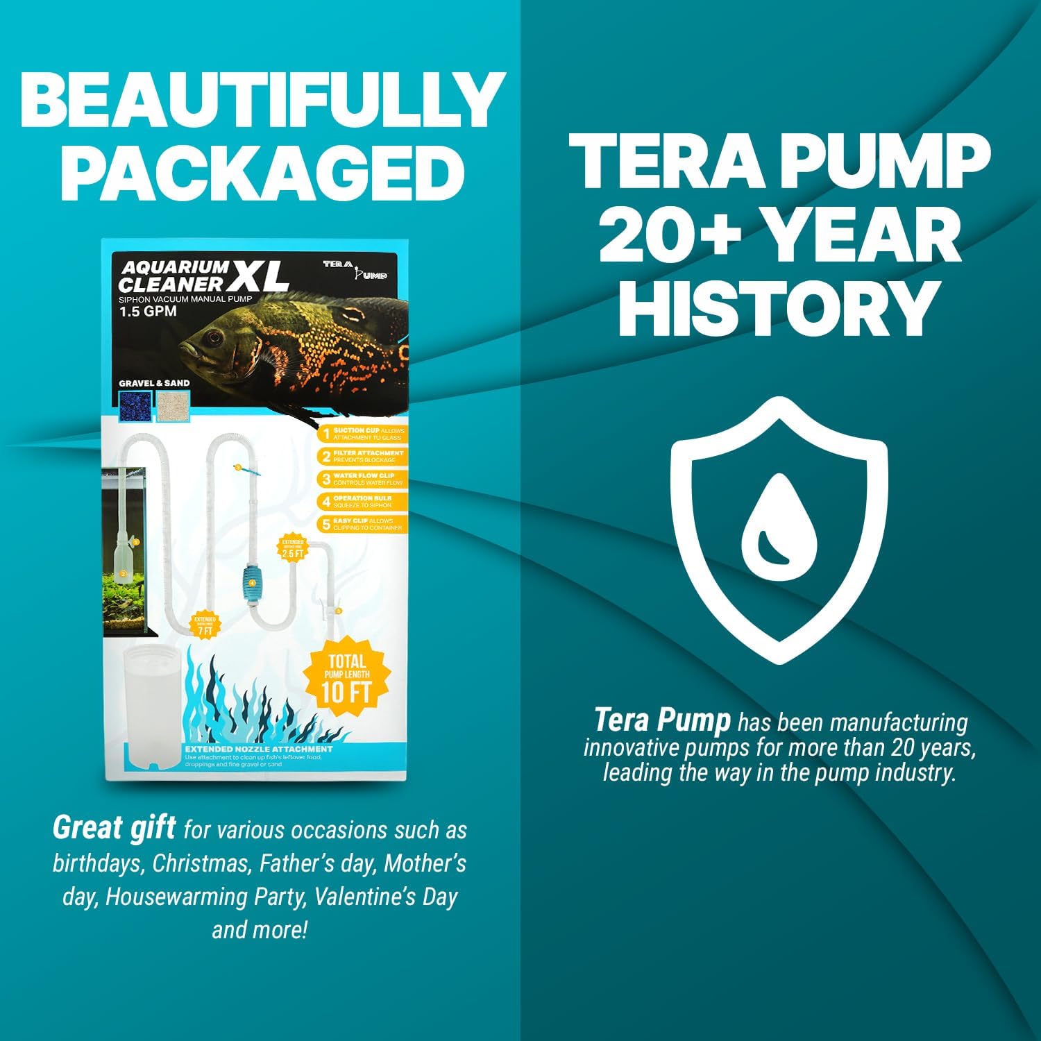 TERA PUMP Aquarium Gravel Cleaner for 20-50 Gallon Tanks - BPA-Free, Manual Squeeze Pump, Includes Two Nozzles, Easy One-Hand Operation, Safe for All Fish & Plant Life