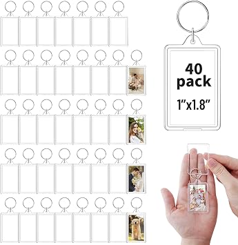 40 Pcs Acrylic Photo Keychain Bulk, Clear Photo Keyrings for 1.8"x1.1" Pictures, Shatterproof Acrylic Keychains with Split Rings, DIY Custom Keyring Frames for Gifts, Parties & Crafts