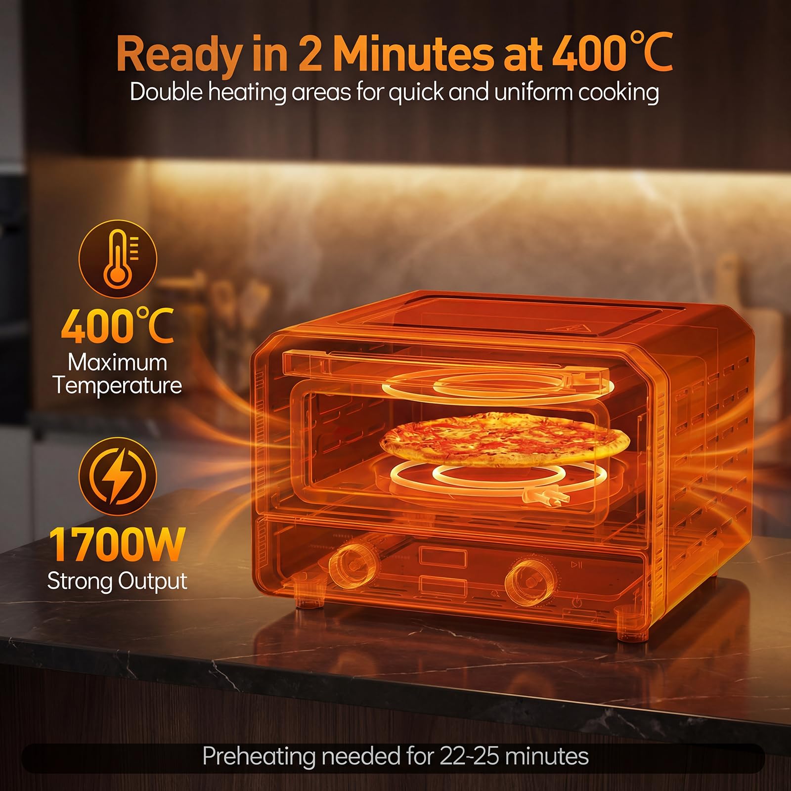 LIFEZEAL Four Électrique pour Pizza, Four de Table avec 6 Programmes, Cuisson en 2 Minutes, Température et Temps Réglables, Machine de Table pour Pizza à 400℃ avec Pierre Rétractable, Couteau à pizza