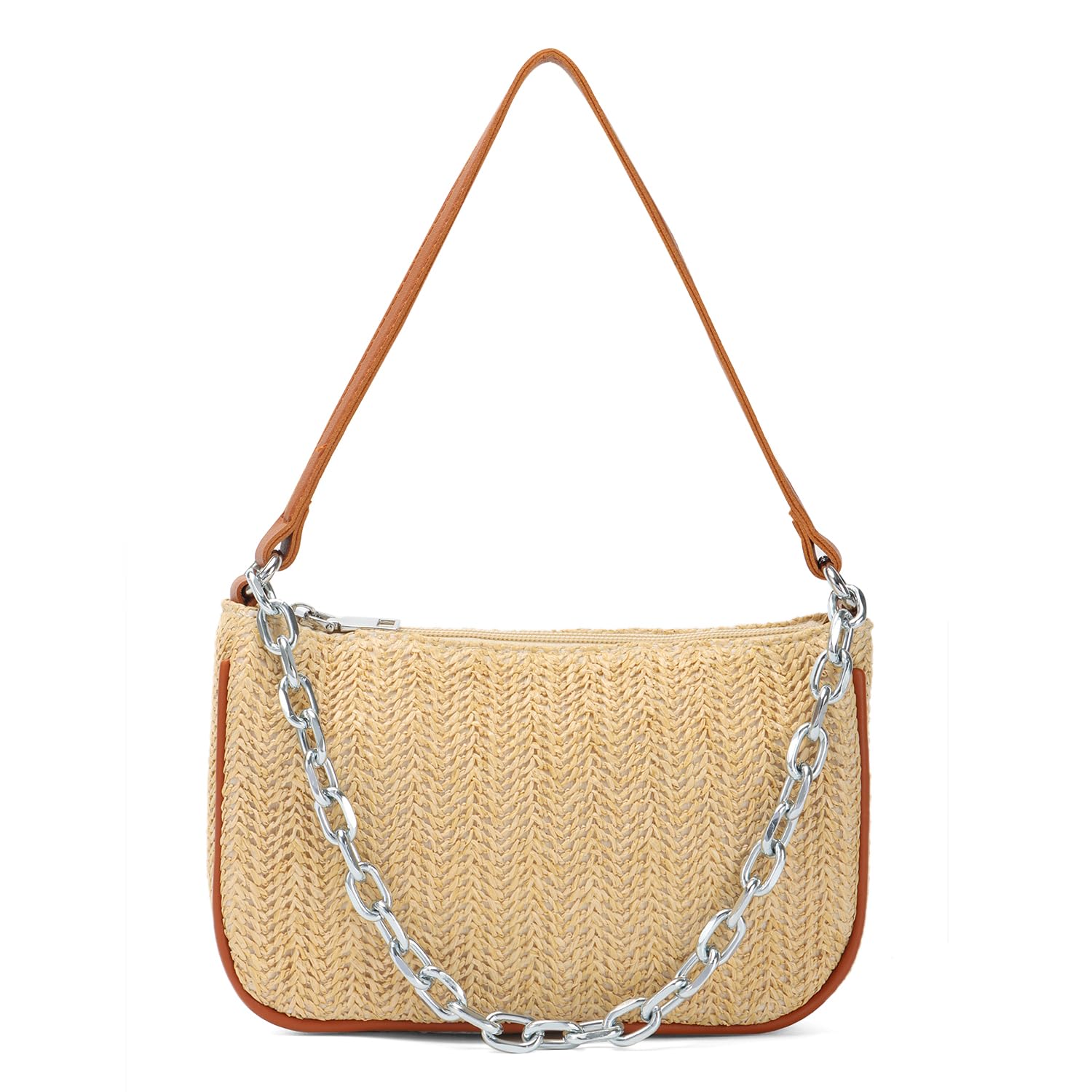 Ynport Crefreak Bolso de Hombro de Paja Para Mujer, Bolso Ligero de Verano, Bolso de Hombro, Bolso de Mano Pequeño de Paja Para Vacaciones en la Playa Artículos Esenciales,Caqui