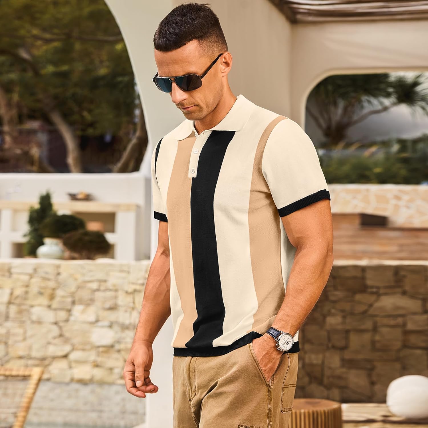Men's Casual Polo Shirts Vintage Striped Knitting Button Down Shirts Golf Collared Shirts - Image 7