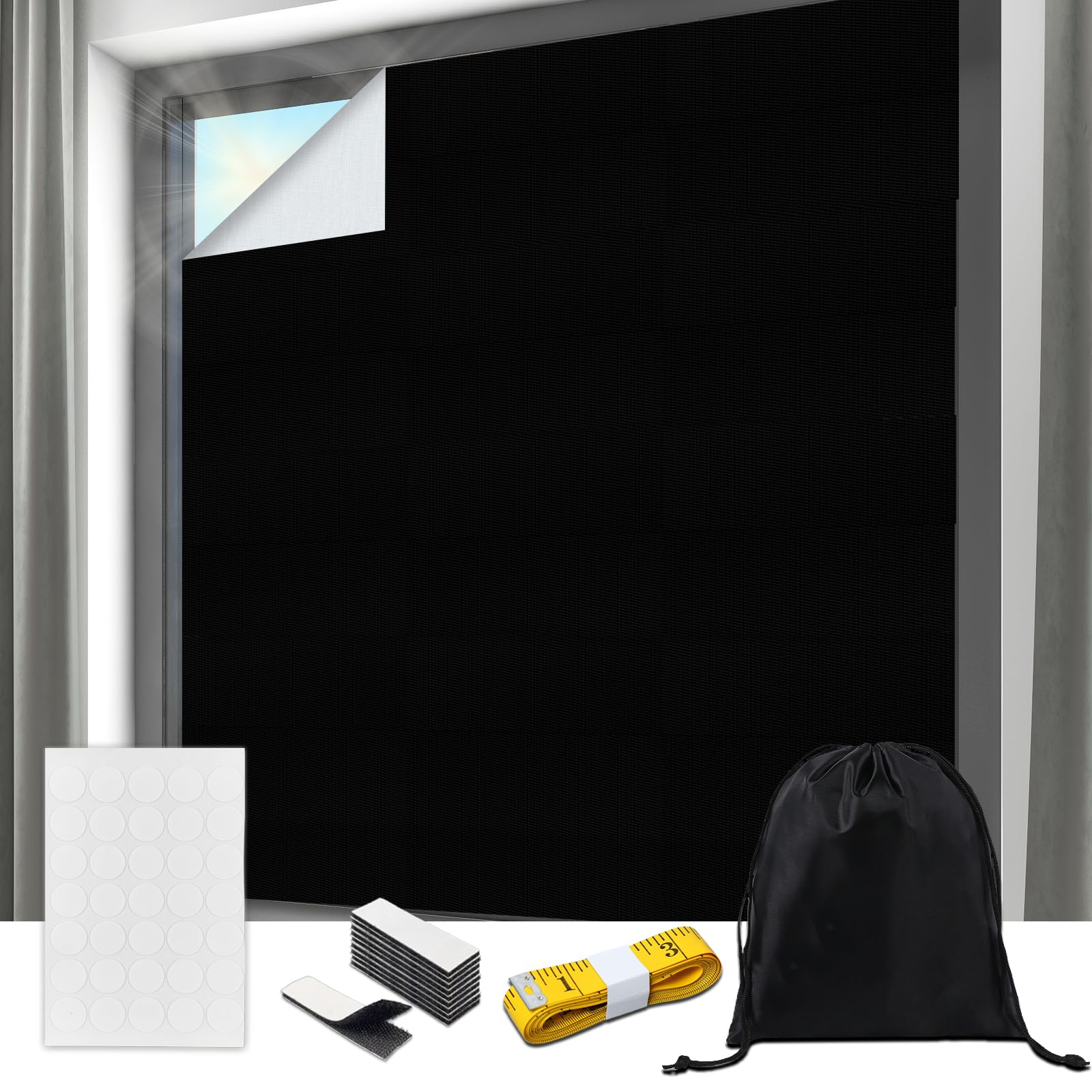 GOTRUST Portable Blackout Blinds, 300x145cm No Drill Temporary Black Out Blind Stick On Window, 100% Blackout Material