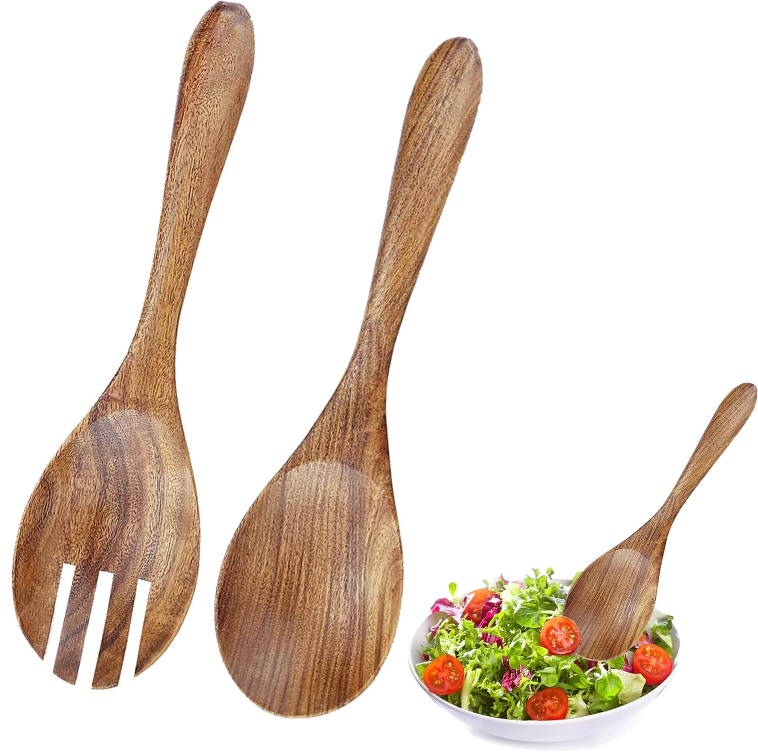 2PCS Salad Spoon and Fork Set, Salad Tableware Spoon, Salad Fork, Kitchen Spoon and Fork Set, Non-Stick Pan Wooden Spoon and Fork for Mixing Fruit Pasta Dish Salad Cutlery Set