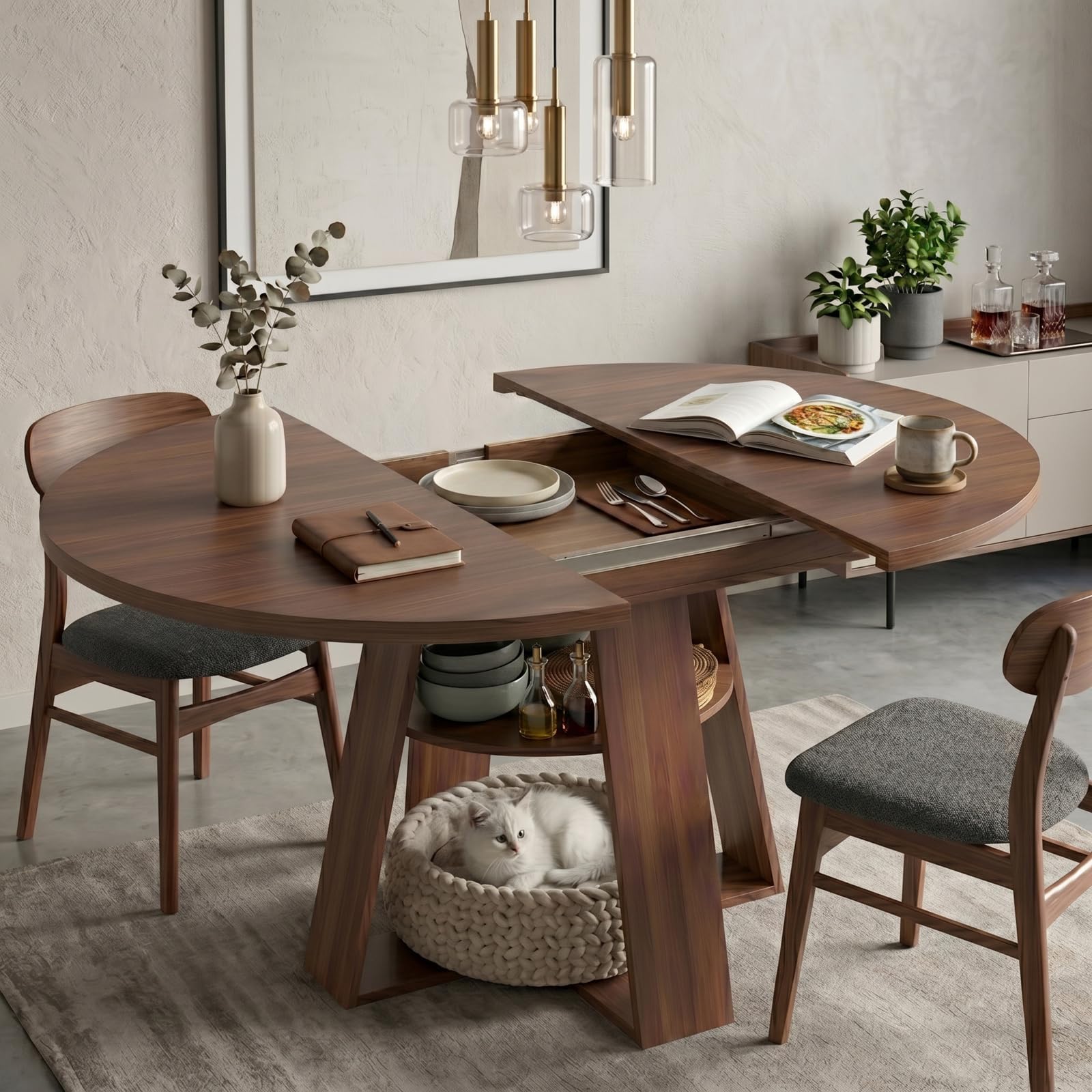 Esstisch Ausziehbar Holz, Küchentisch 100cm-140cm, Esszimmertisch Ausziehbar für 2-8 Personen, Ausziehtisch Esszimmer Mit Abnehmbarer Tischplatte, Holzgestell mit Ablagefläche