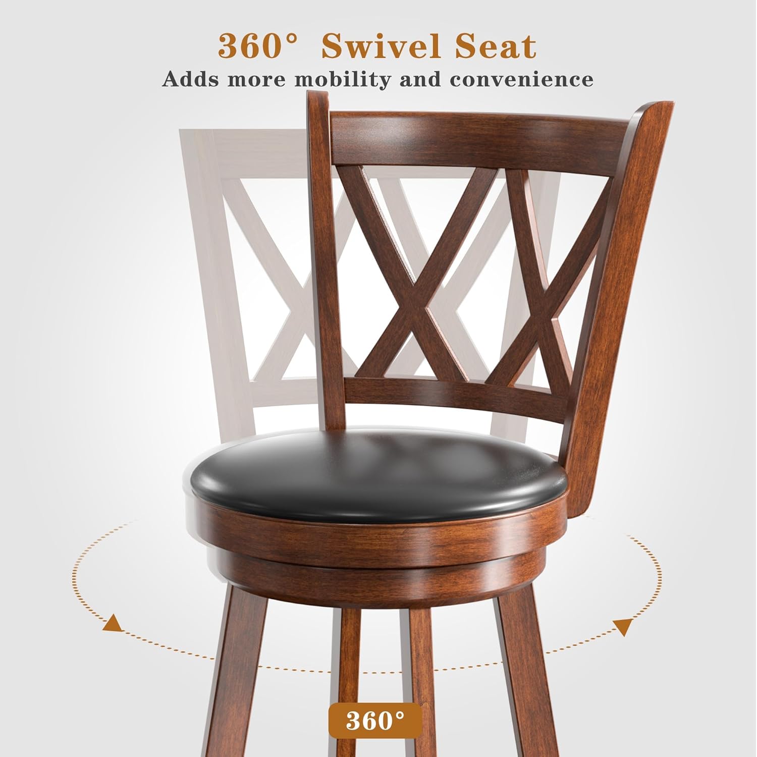 Betterhood 24" Counter Height Swivel Bar Stools - High Back Swivel Stools with Upholstered Seat & Solid Wood Footrest, Counter Bar Chairs for Kitchen Island & Pub (Brown, Set of 2)