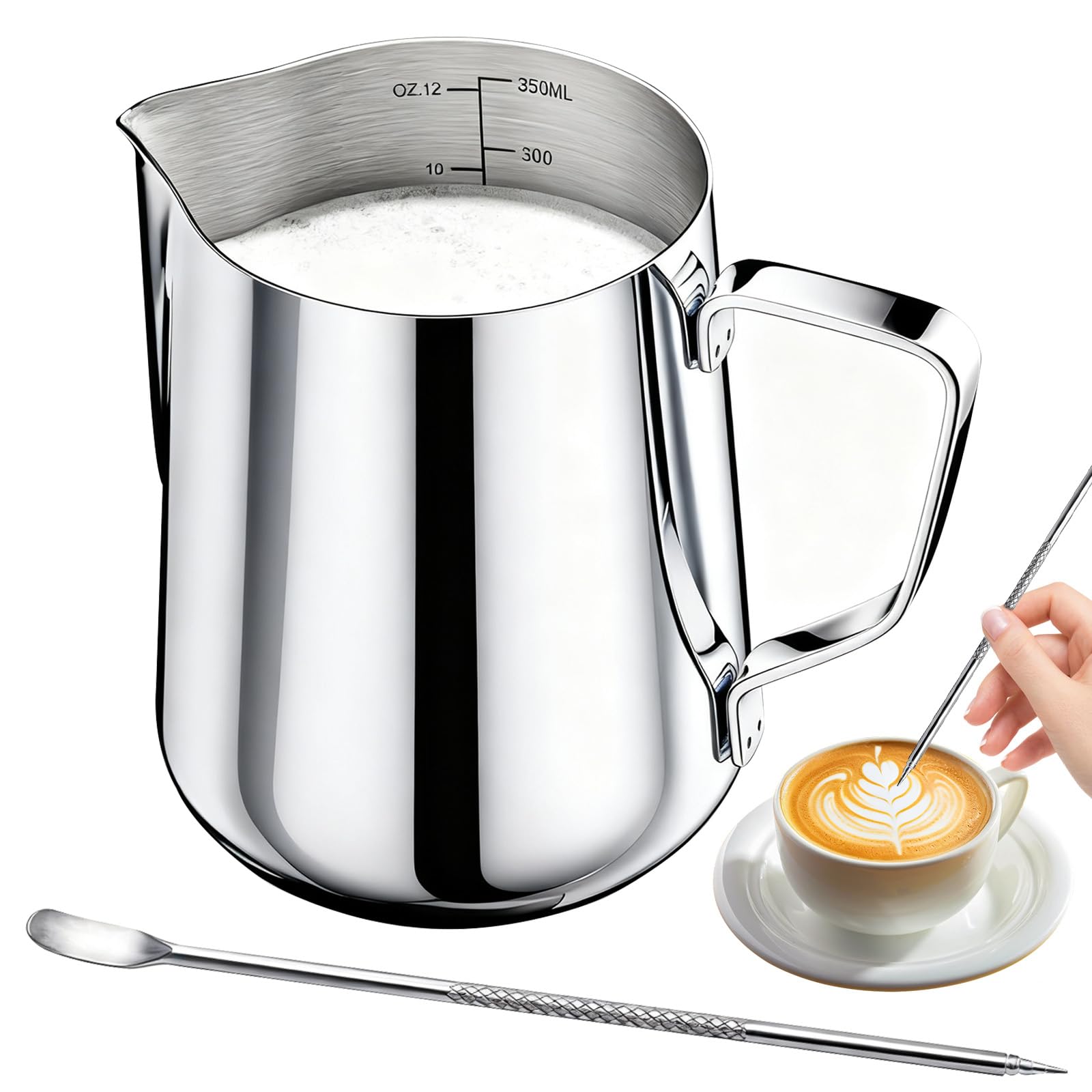 Brocca per latte in acciaio inox da 350 ml/12 oz con matita decorativa e scala, caraffa per latte Barista, ideale per espresso, cappuccino, latte, argento