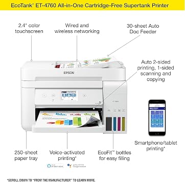 Epson EcoTank ET-4760 Wireless Color All-in-One Cartridge-Free Supertank Printer with Scanner, Copier, Fax, ADF and Ethernet - White