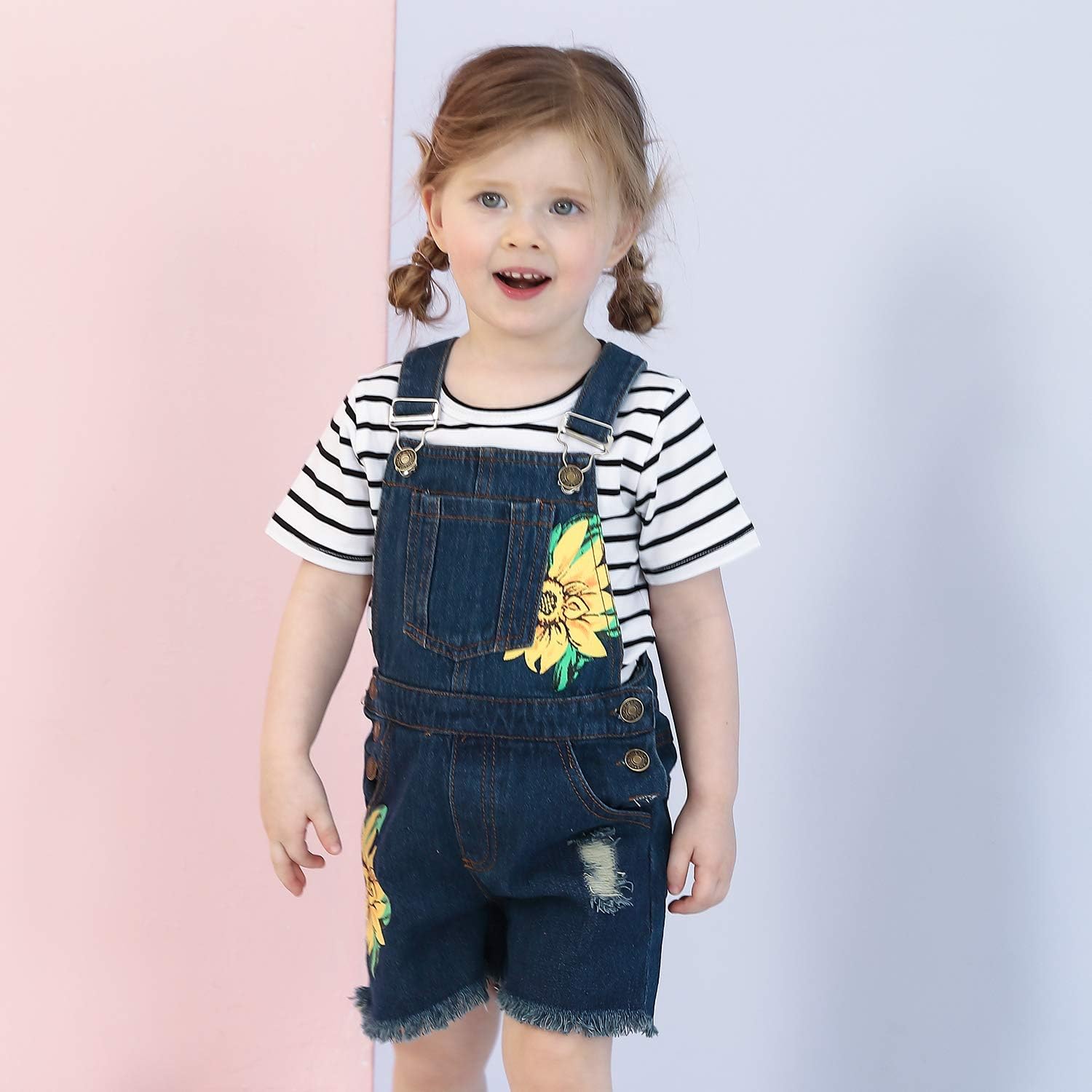 HINTINA Baby & Toddler Girls Big Bibs Overalls Ripped Hole Summer Sunflowers Jumpsuit Boyfriend Jeans Denim Romper Shortalls