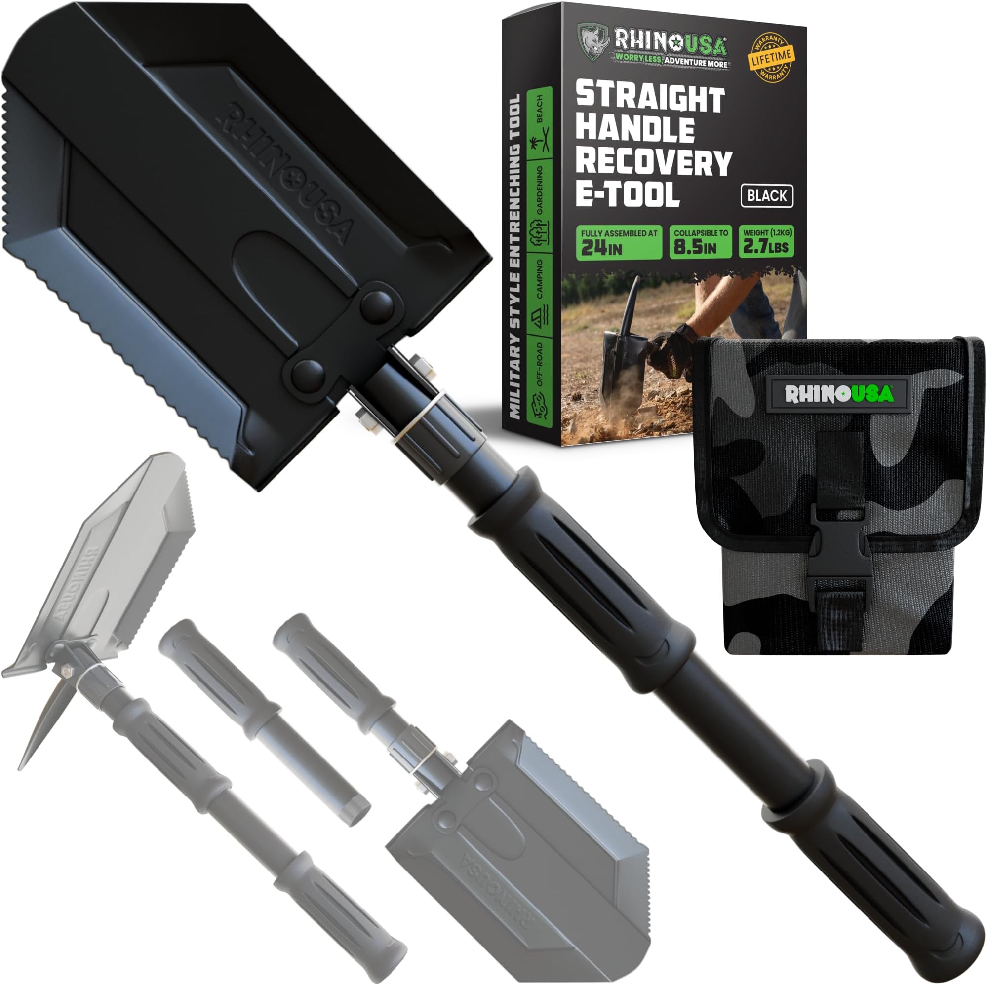Rhino USA Folding Camping Shovel with Pick - Tactical Entrenching Tool