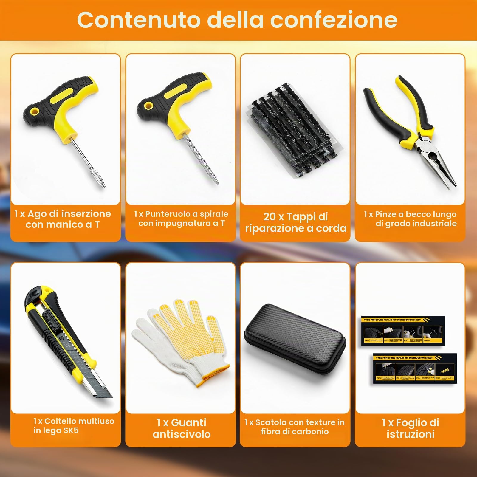 Kit di riparazione per pneumatici sgonfi - 27 pezzi - Kit di tappi per foratura e toppe con custodia, kit di toppe per pneumatici portatile con sigillante, ideale per auto, camion, moto, bici