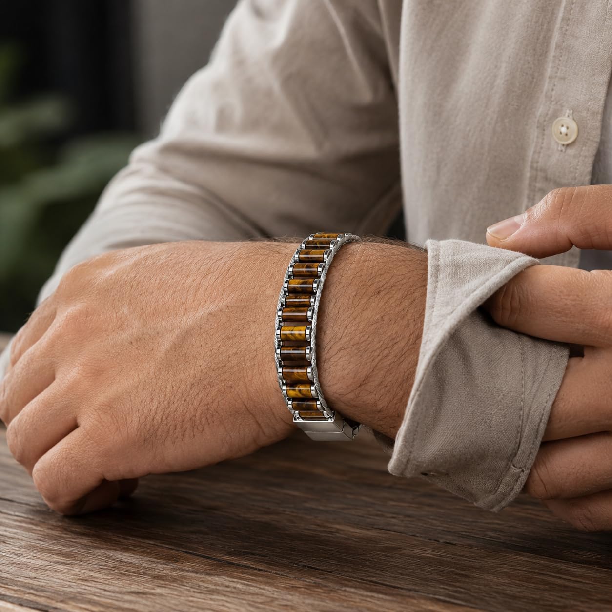 Perlavita Bracelet for Men, Natural Gemstone Mens Bracelet, Braided Cable Link Style Wristband, Handmade Jewelry Gift for Him