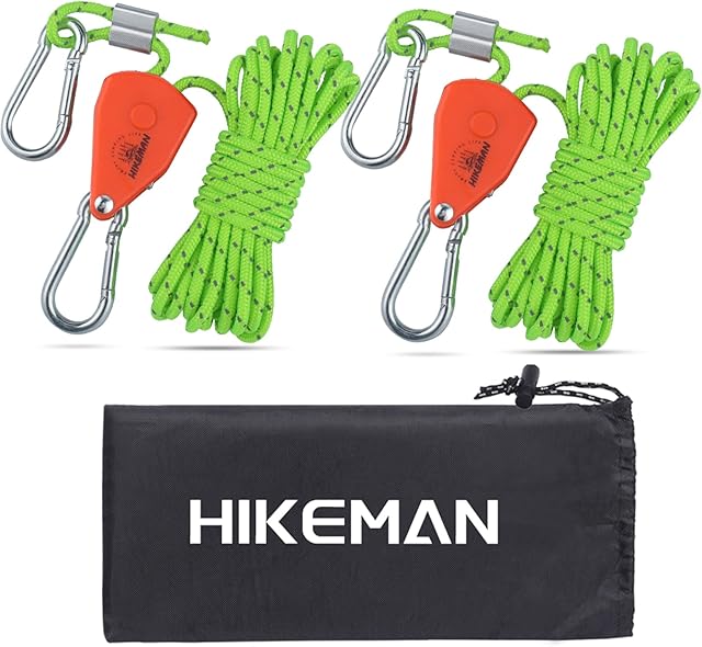 Tent Guy Ropes with pulley - 4mm Reflective Cord Tent Guide Rope with Aluminum Adjuster for Outdoor Camping Hiking Awning Tents (2PCS-Fluorescent Green)