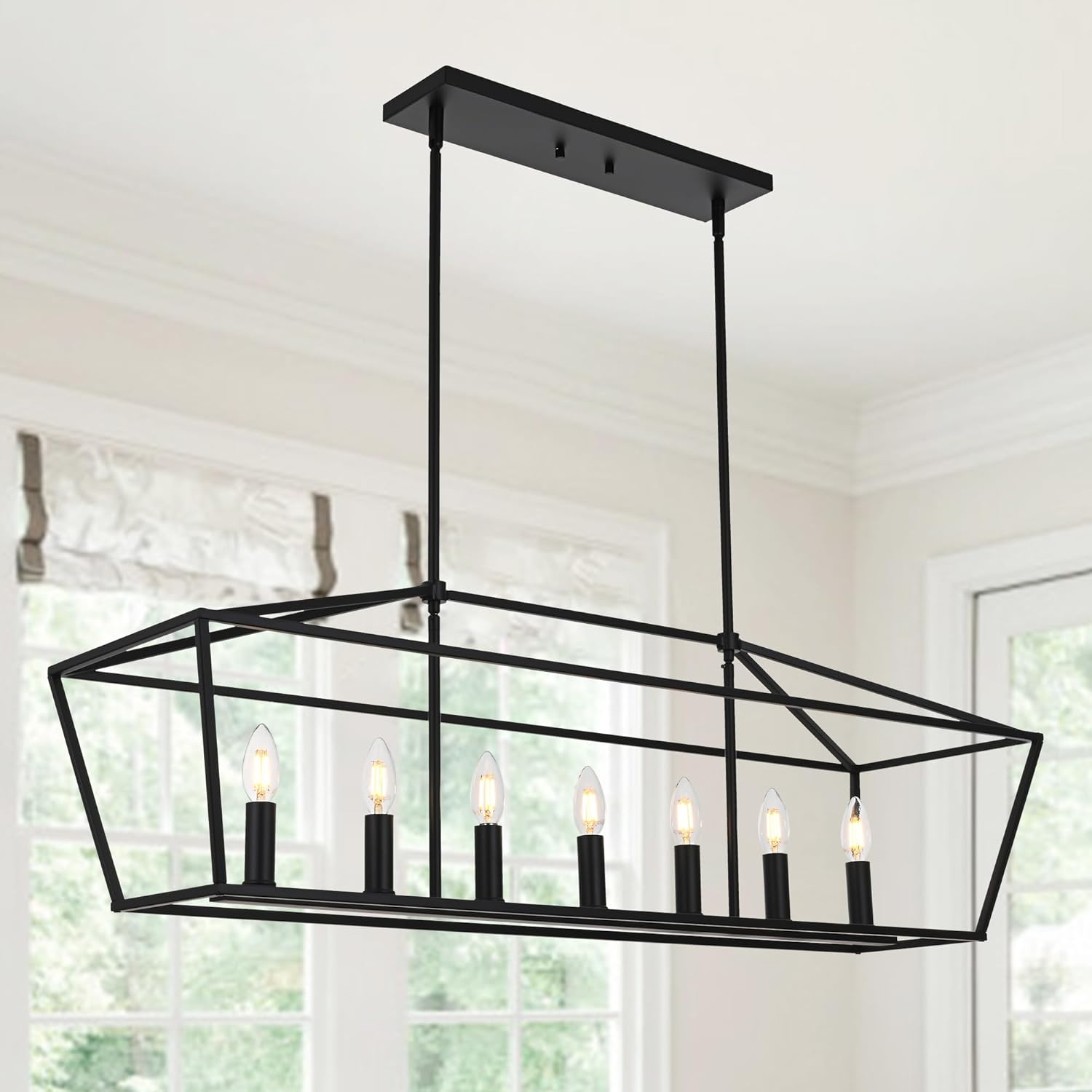 MELUCEE 7-Light Dining Room Light Fixtures Over Table, Farmhouse Chandelier Light Fixture Black Industrial Linear Pendant Lights Kitchen Island Candle Lantern Chandelier, E12 Base
