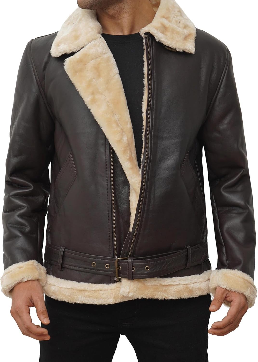 fjackets Shearling Leather Coat Men - Real Lambskin Leather Jackets Mens Sherpa Lined Winter Casual Fur Coats Outerwear