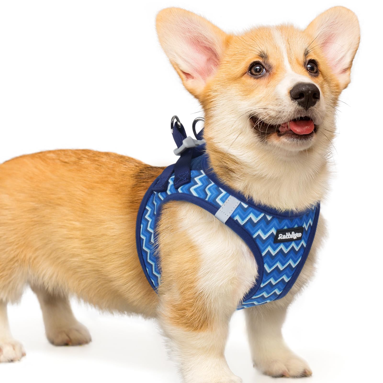 rabbitgoo Dog Harness Small Dog, Step-in Soft Mesh Puppy Harness with Reflective Strips, Lightweight Breathable Pet Vest for Walking Training, Blue Zigzag, L