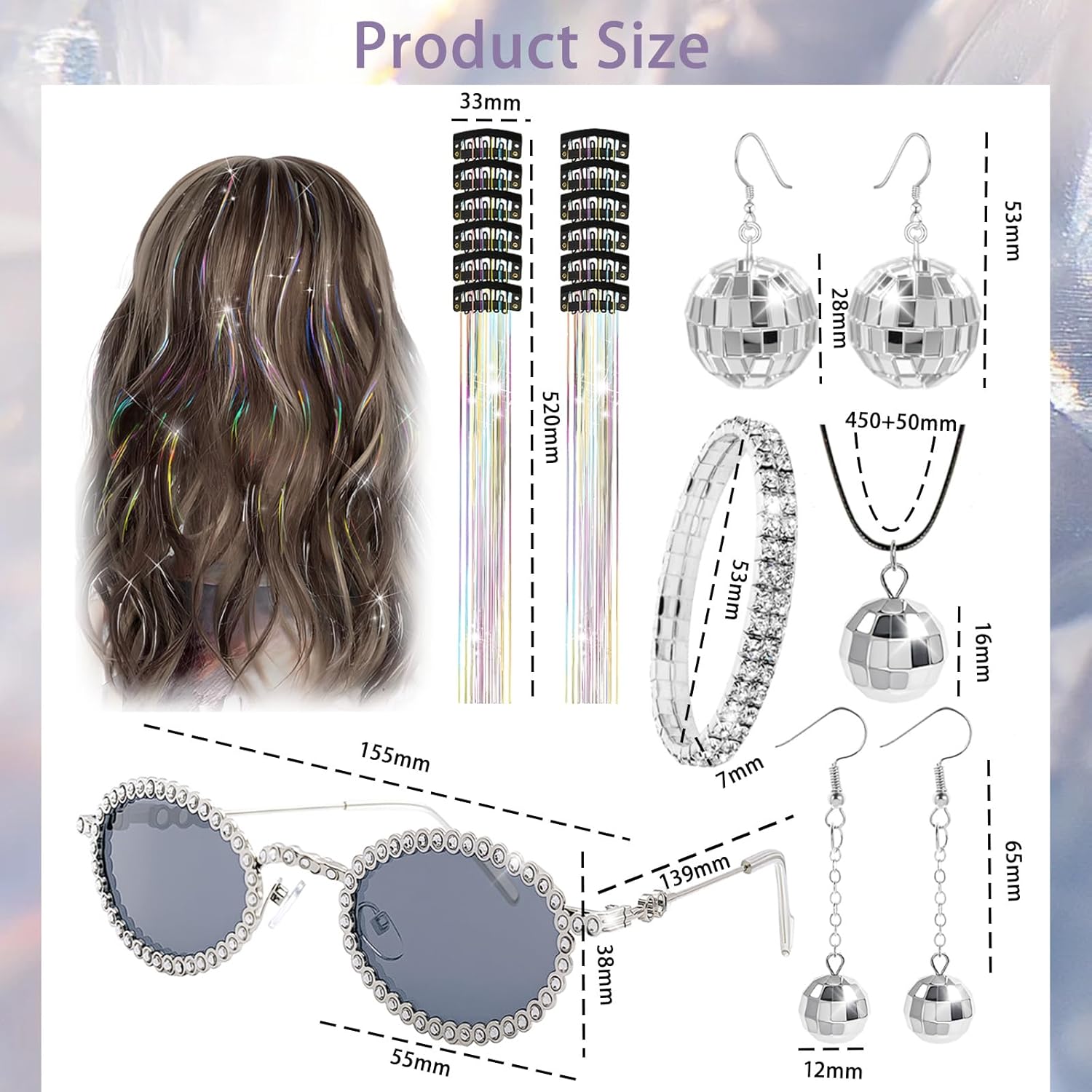 70s Disco Accessories Women's Disco Costume Jewelry Set with Sequin Hat Sunglasses Hair Tinsel Headband Disco Ball Necklace Earrings for Theme Party - Image 4