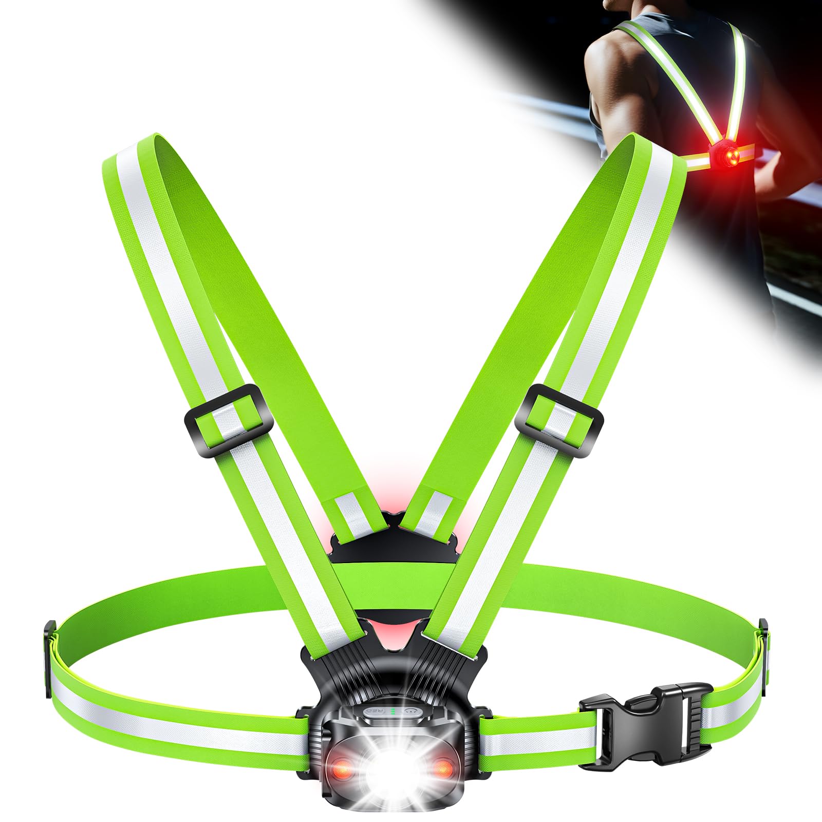 ISEYOU Running Lights for Runners, 500 Lumens Running Light with Rear Light, 45° Adjustable Tilt &amp; IPX4 Waterproof Rechargeable Reflective Vest Gear for Night Walking/Cycling/Jogging/Hiking