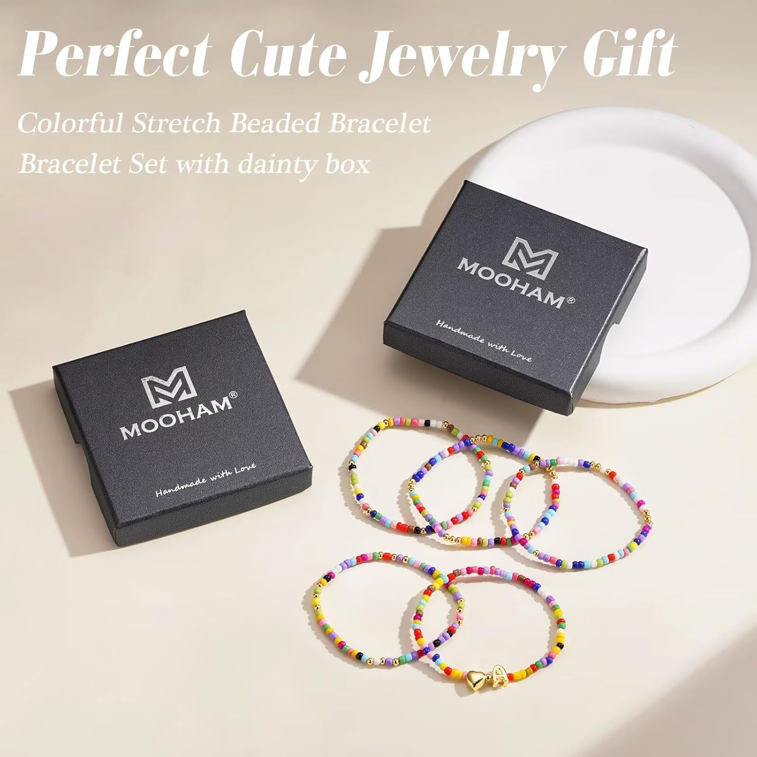 M MOOHAM Valentines Gifts for Kids Girls Her - 5PCS Colorful Beaded Bracelets for Girls, Cute Heart Initial Bracelet Stretch Stackable Bracelets Jewelry Set Valentines Gifts for Kids Teen Girl Women - Image 7