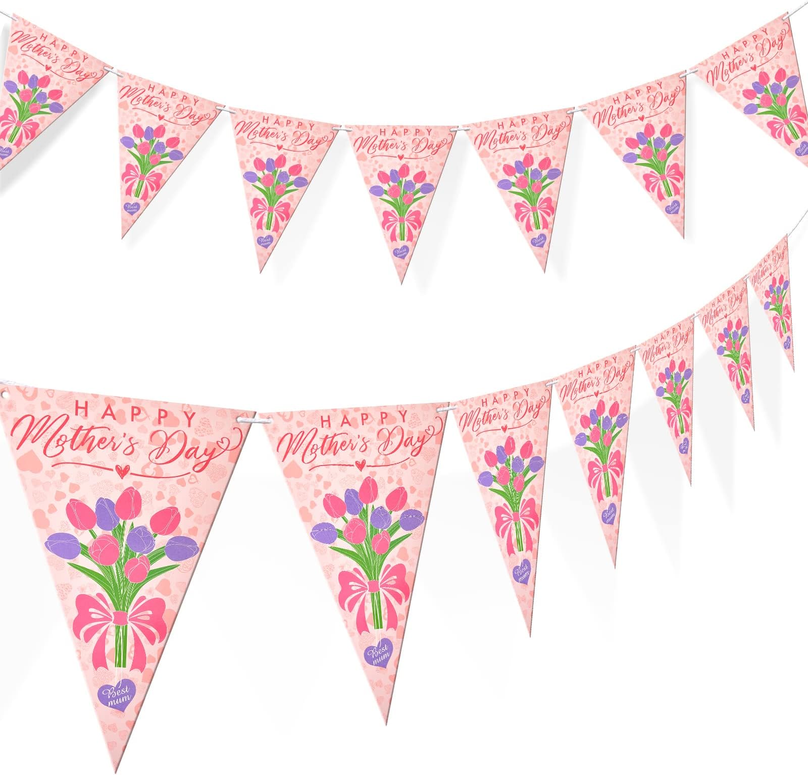 2 Pcs Mother's Day Bunting Banner Decorations Happy Mother's Day Flowers Themed Kit Pink Floral Mother's Day Flags for Mom Stylish Rustic Party Supply