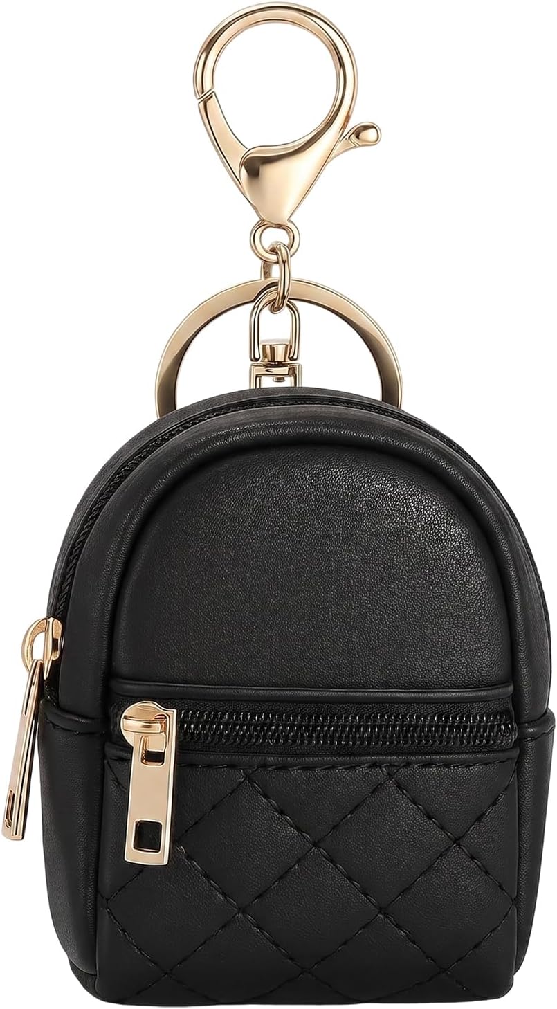 Mini Backpack Keychain,Black Faux Leather Cute Cosmetic Bag Charm