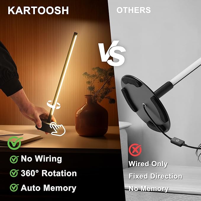 KARTOOSH Cordless LED Table Lamp Set of Two, Battery Operated Portable Desk Lamp, Dimmable/3 Color/Memory Function, Modern Rechargeable Table Light for Living Room,Bedroom, Bedside, Black, 2 Pack photo 6