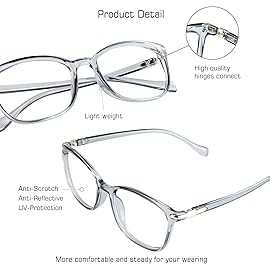 VisionGlobal Blue Light Blocking Glasses for Women/Men, Anti Eyestrain, Computer Reading, TV Glasses, Stylish Square Frame, Anti Glare(Clear Gray,+6.00 Magnification)