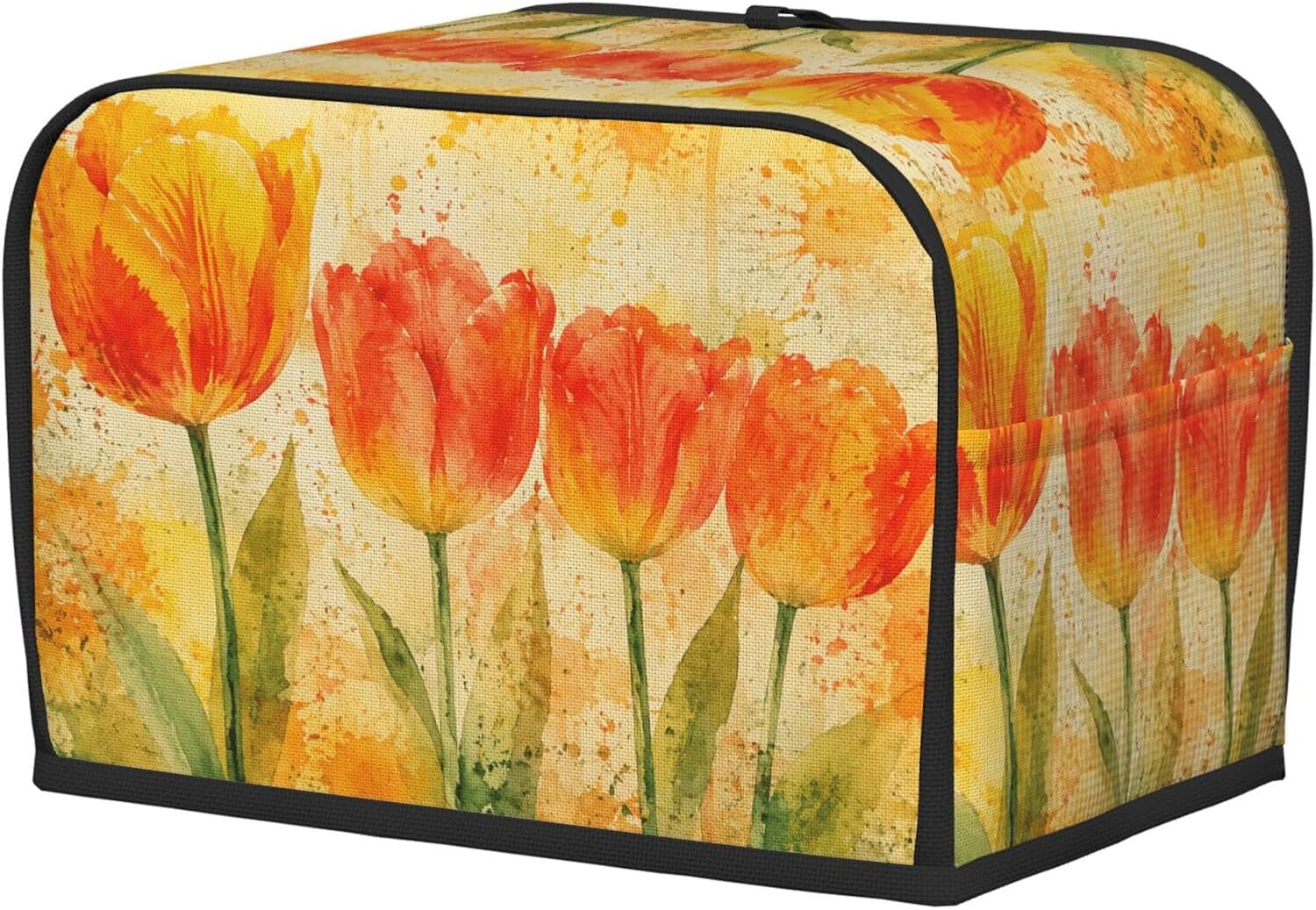 2 Slice Toaster Cover Watercolor Yellow Orange Tulip Splatter Water-Resistant Bread Maker Dust Cover with Storage Pocket, Washable Oxford Cloth Kitchen Appliance Protector, Housewarming Gift