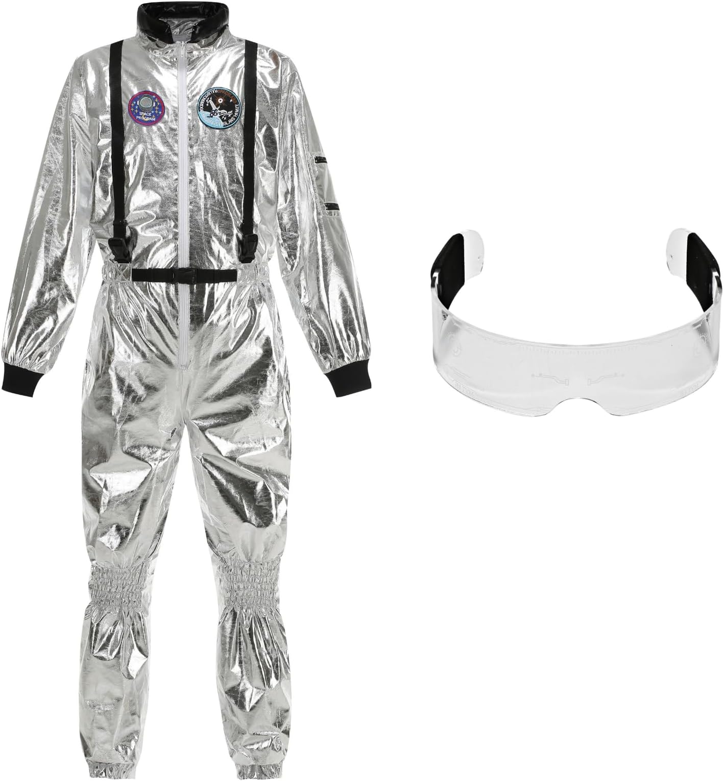 Men's Astronaut Costume Adult Silver Spaceman Coverall Flight Jumpsuit Halloween Cosplay Dress Up Party