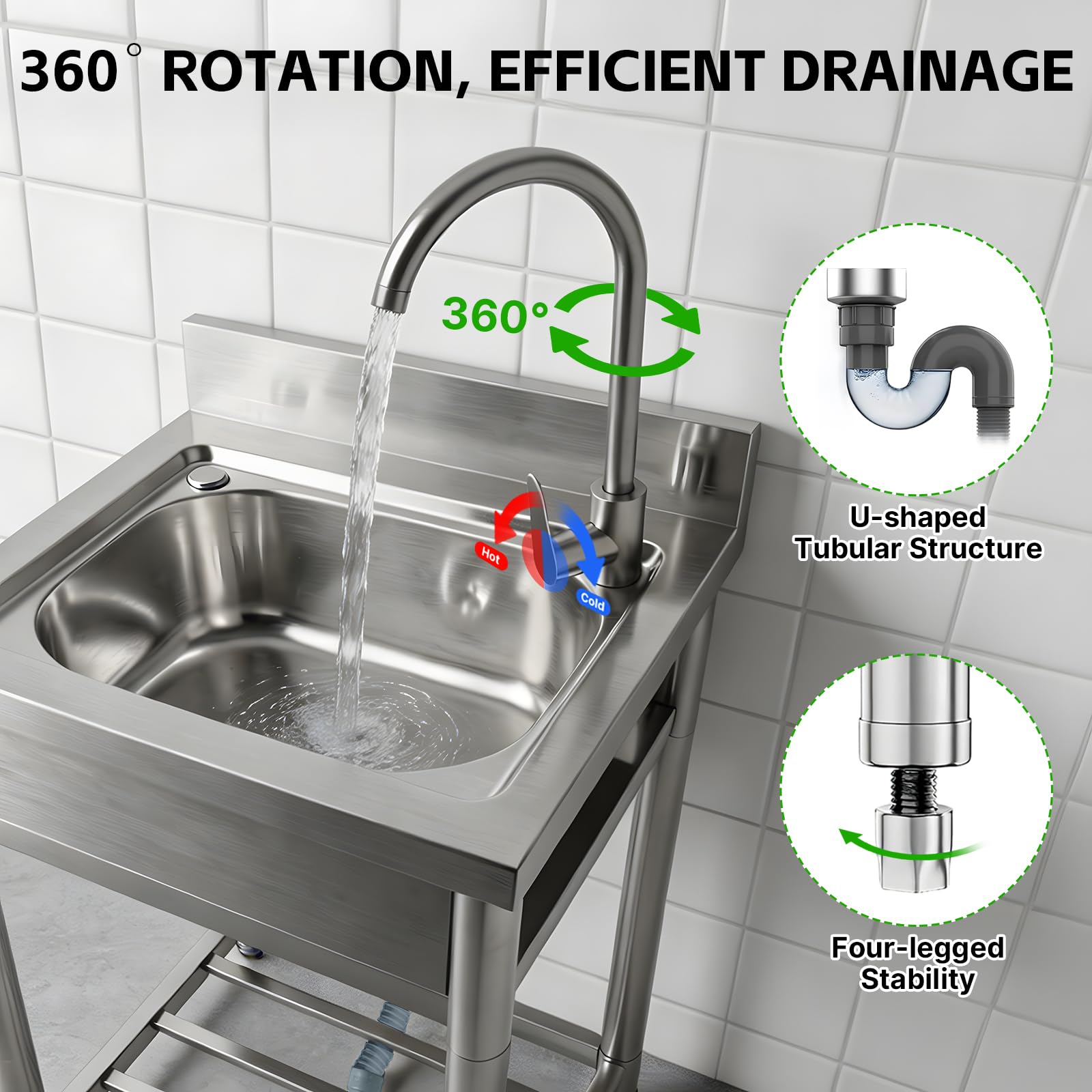 Stainless Steel Utility Sink, 22" Freestanding Single Bowl Laundry Sink with Drain Basket, Commercial Sink with Adjustable Leveling Legs, for Garage, Restaurant and Kitchen Use - 5