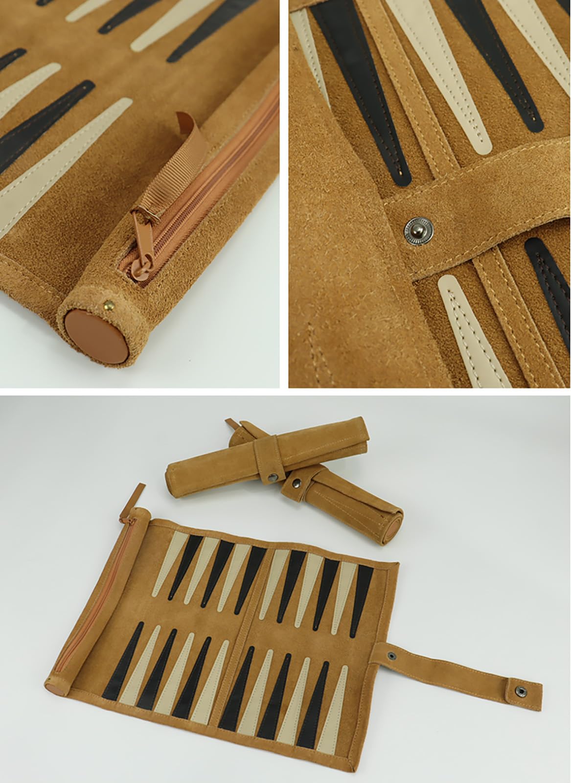 ELLENNE - BACKGAMMON EN CUIR VRAI AVEC COUTURE À LA MAIN - PORTABLE DE VOYAGE ENROULABLE